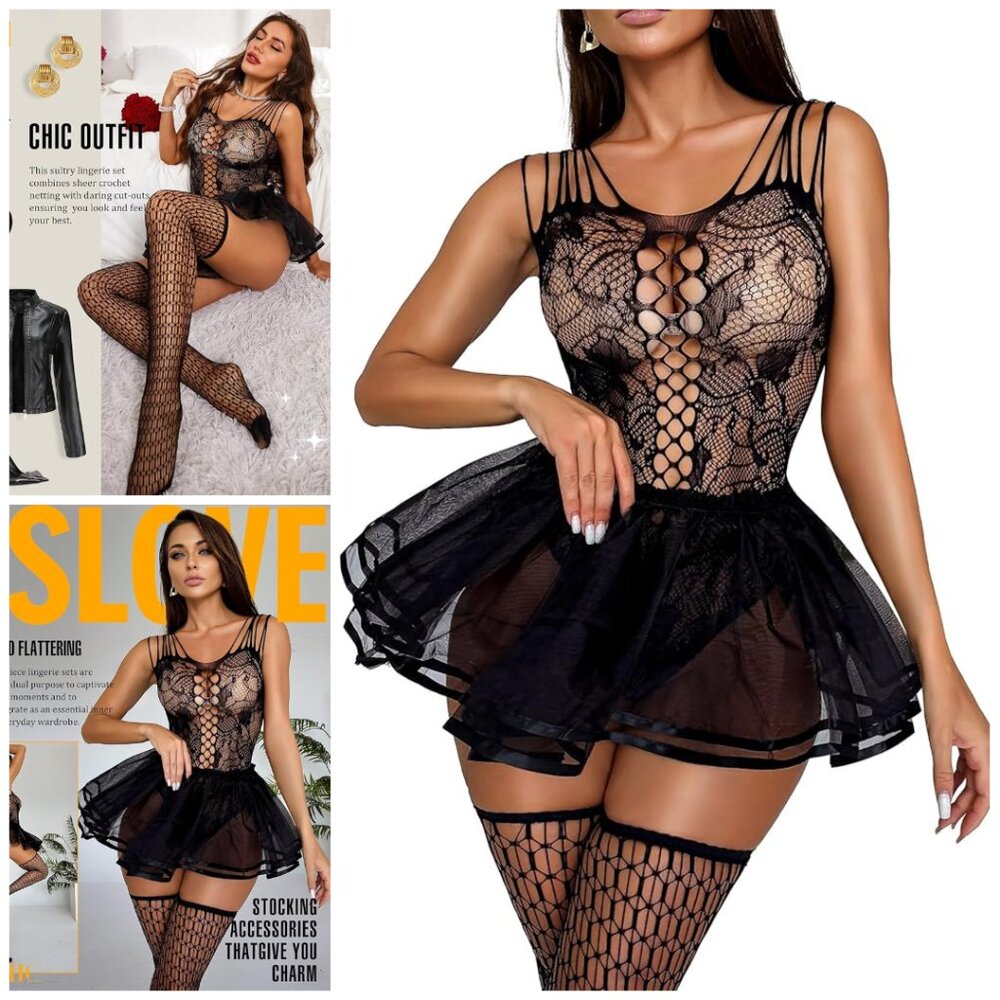 - 3 Piece Sexy Babydoll Lingerie Exotic Sets Fishnet Teddy Bodysuit